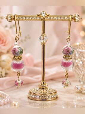 Wedding Cake, Art Glass & Painted Floral Beaded Dangle Earrings